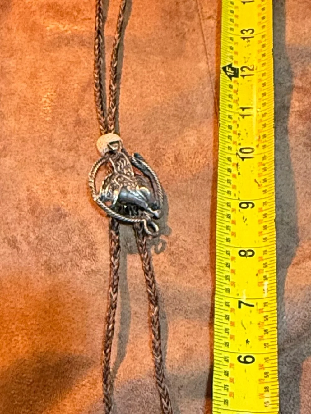 Vintage Western Bolo Tie pewter a saddle Horsehair and Barrel beads Lrg.